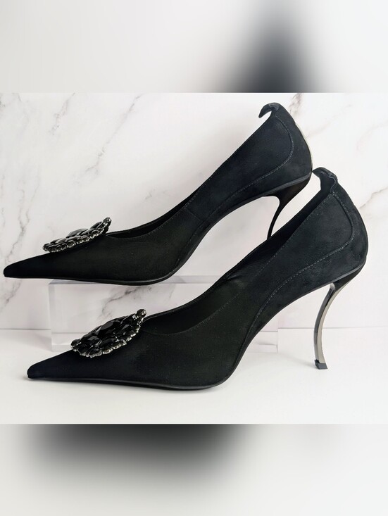 Jeffrey Campbell Shoes - Jeffrey Campbell Parliament Black Suede Crystal Pointed Toe Pumps 8